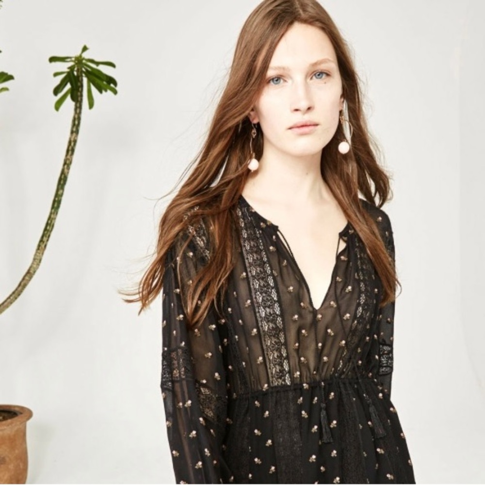 Ulla Johnson Elke Floral Embroidered Crepe Lace trim peasant blouse